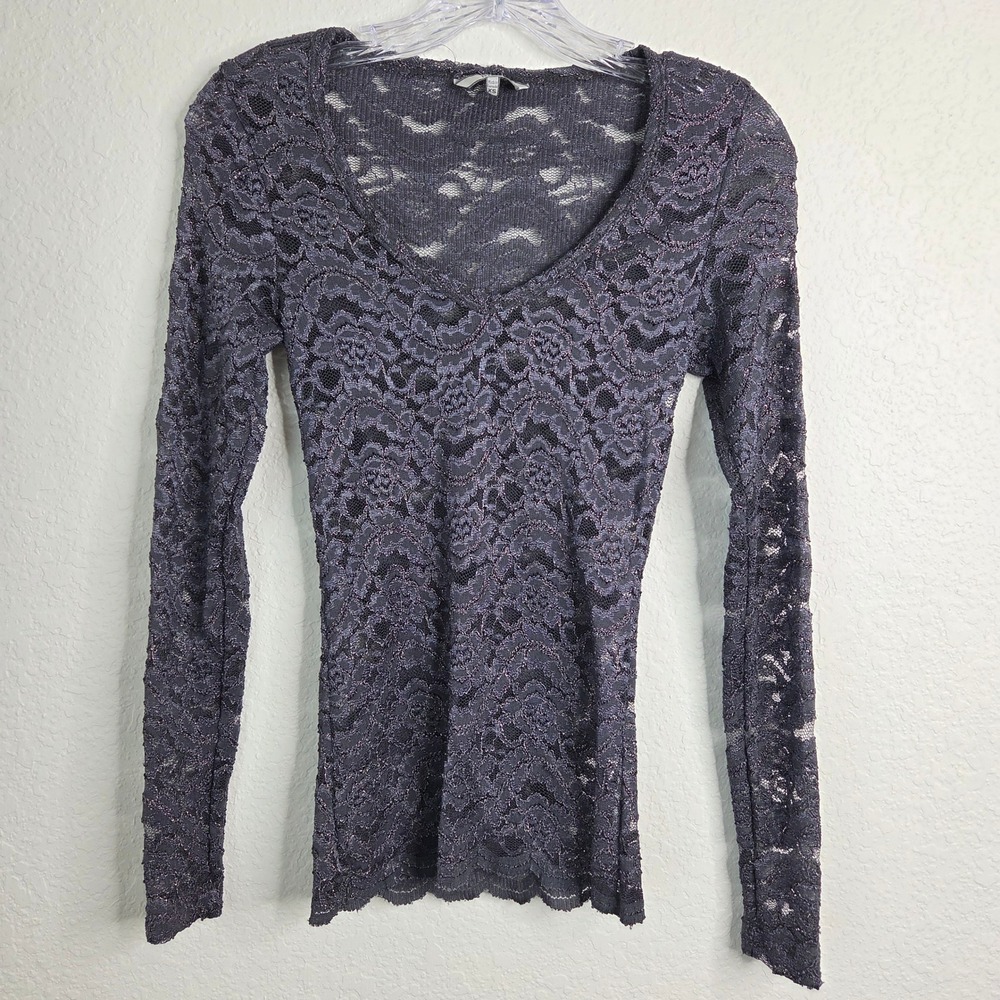 BKE Lace Top XS Gray Gold Metallic Sheer Long Sleeve V-Neck Whimsigoth Boho